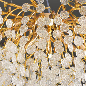 Lustre Majestade de Cristal LED – Iluminação de Luxo com Design Exclusivo em Folhas Douradas