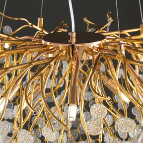 Lustre Majestade de Cristal LED – Iluminação de Luxo com Design Exclusivo em Folhas Douradas