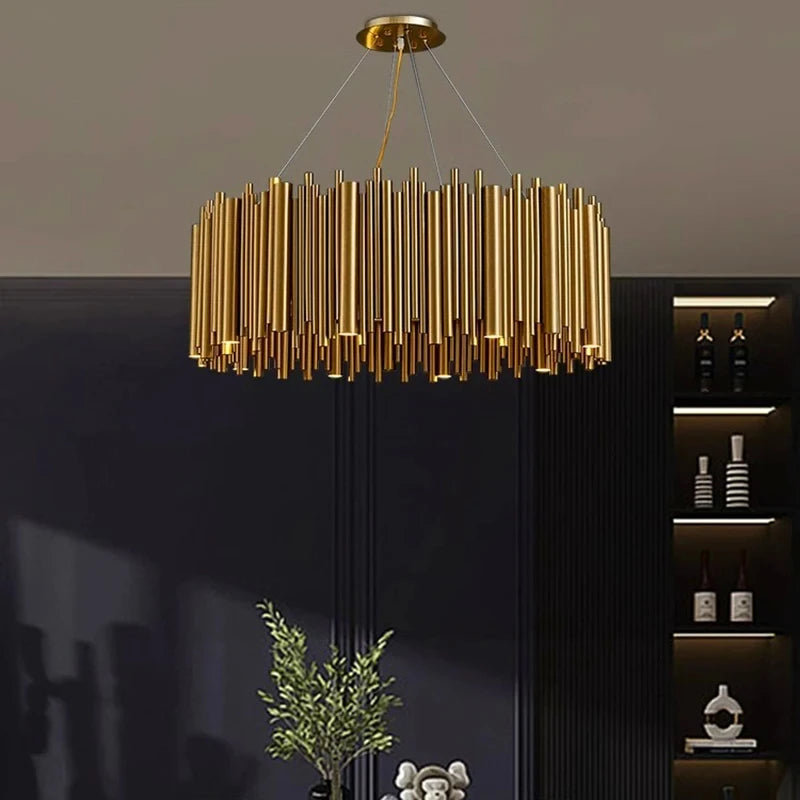 Lustre para sala de estar, villa duplex, moderno, simples, aço inoxidável, criativo, iluminação interior, luzes led, dourado