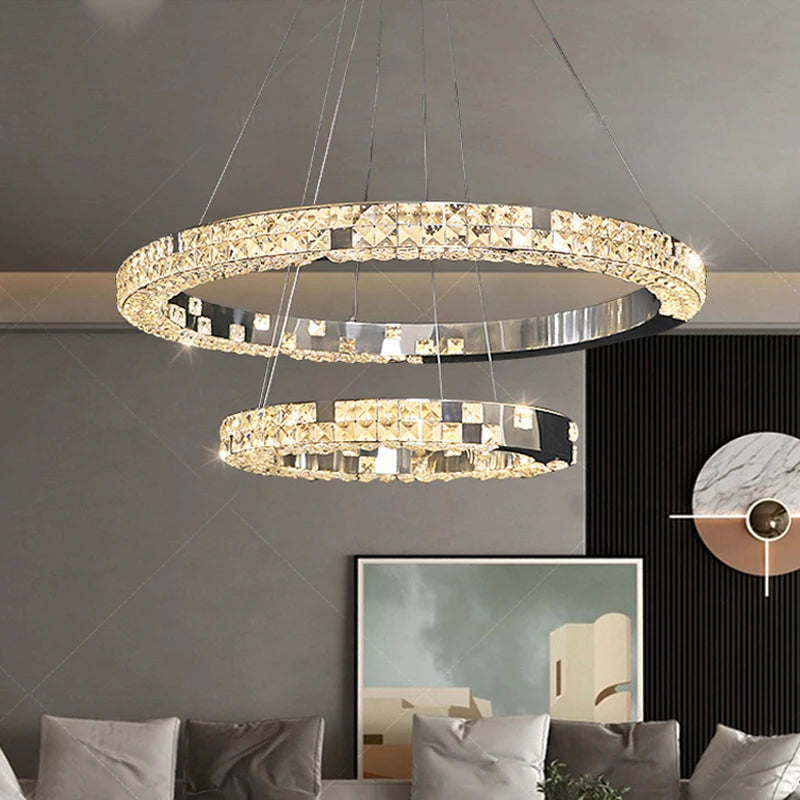 Lustre de Cristal Moderno com Anéis de LED